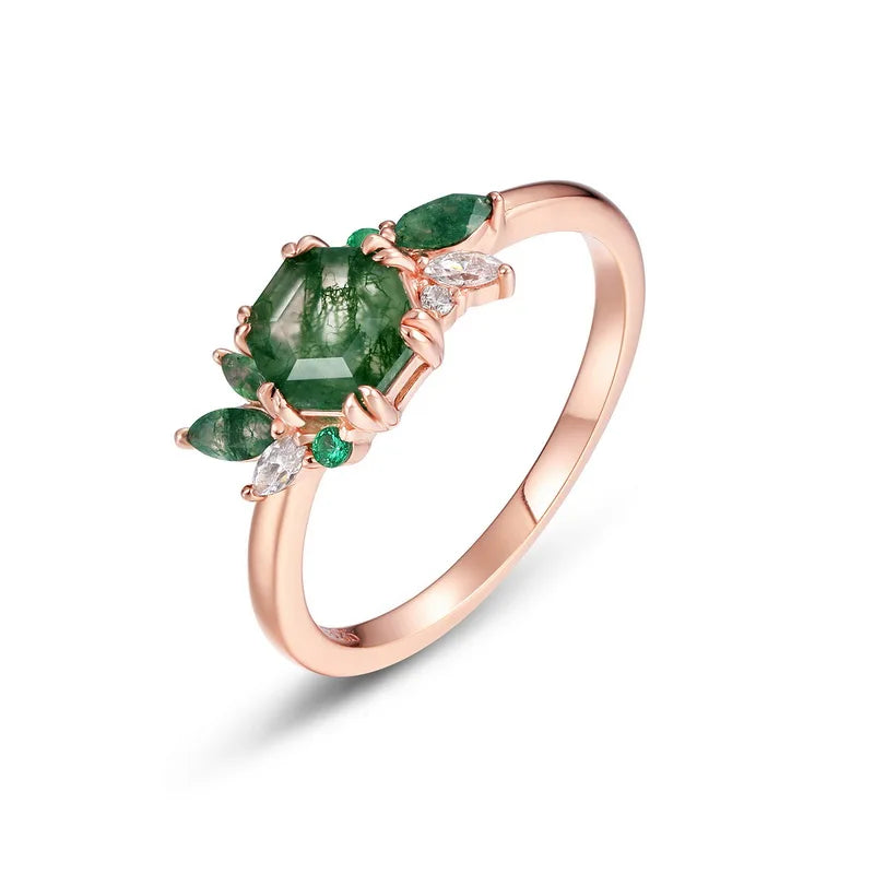 Custom 18k Gold Sterling Silver Crystal Jewelry Manufacturer Moss Agate Bridal Wedding Ring Set