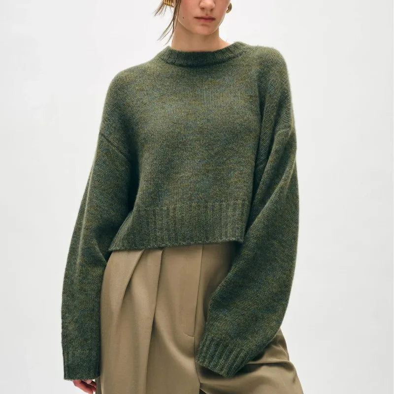 2026 Knitwear Factory Custom Winter Women's White Green Warren Wool Cashmere Blend Boxy Crewneck Sweater for Women