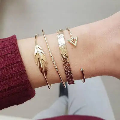 HOVANCI 4pcs Women's Gold Plated Bracelet Set Stackable Crystal Leaf and Flower for Wedding or Gift Hot Selling Brass Jewelry