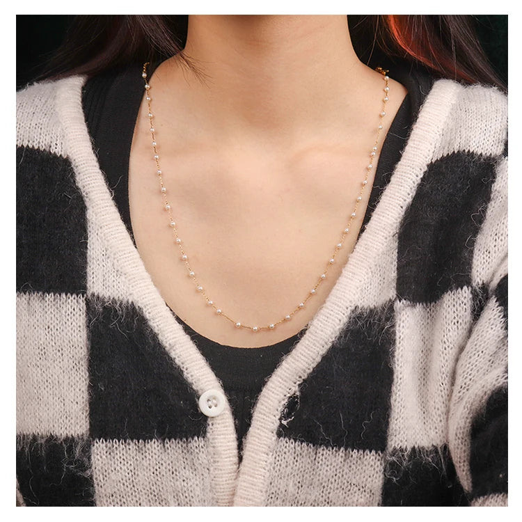 Chris April 316L Stainless Steel PVD Plated Vintage Imitation Pearl Bead Chain Choker Necklace
