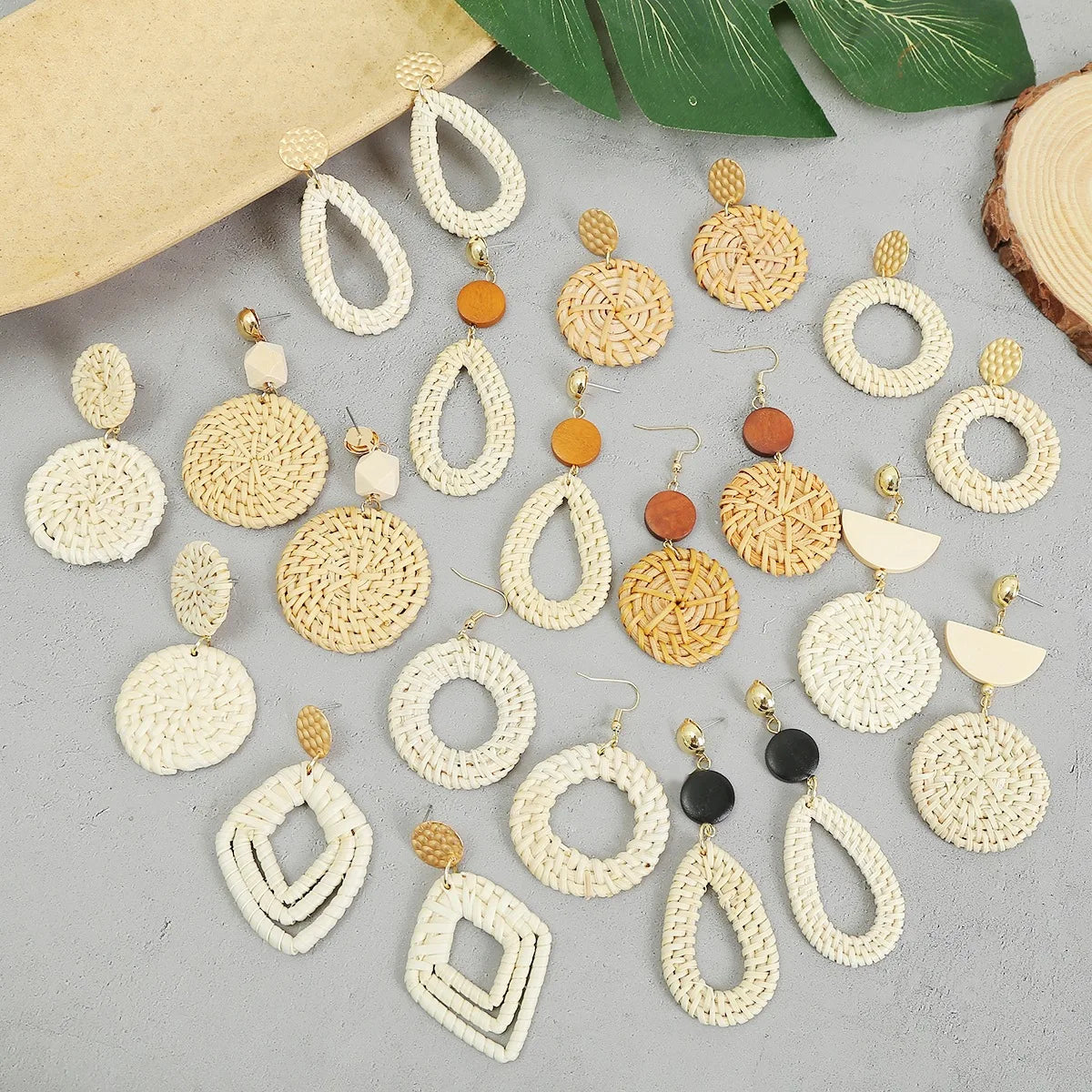 Handmade Wooden Weave Bamboo Hoop Earrings Korea Rattan Earrings Geometric Rattan Earrings for Women Birthday Party Gift