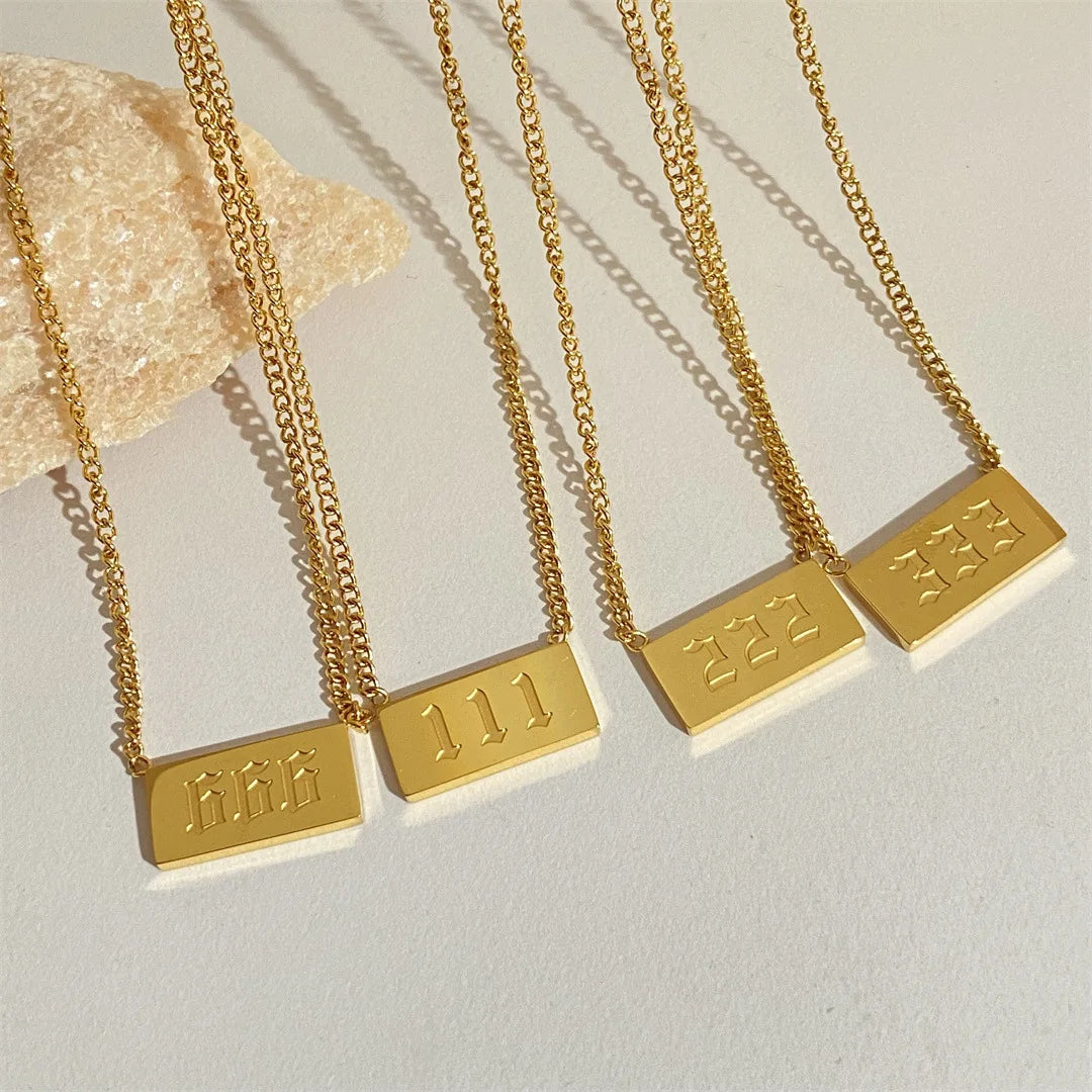 Light Luxury Gold Plated Personalized Stainless Steel Lucky Angel Number Square Tag Necklace 111-999 for Wedding