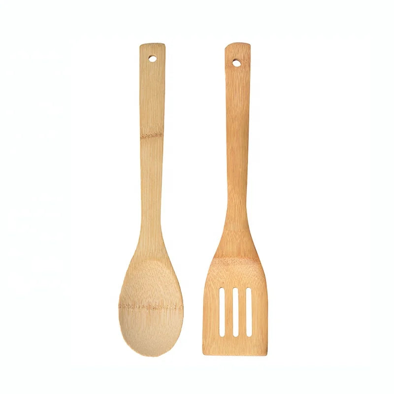 Eco Friendly 30cm Long Handle Wood Bamboo Slotted Spoon Cooking Spatula Set
