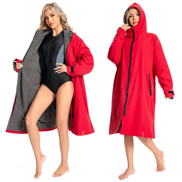 OEM Custom Women Hooded Warm Oversized Coat Outdoor Jacket Waterproof Quick Dry Changing Robe Windproof Surf Poncho Swim Parka