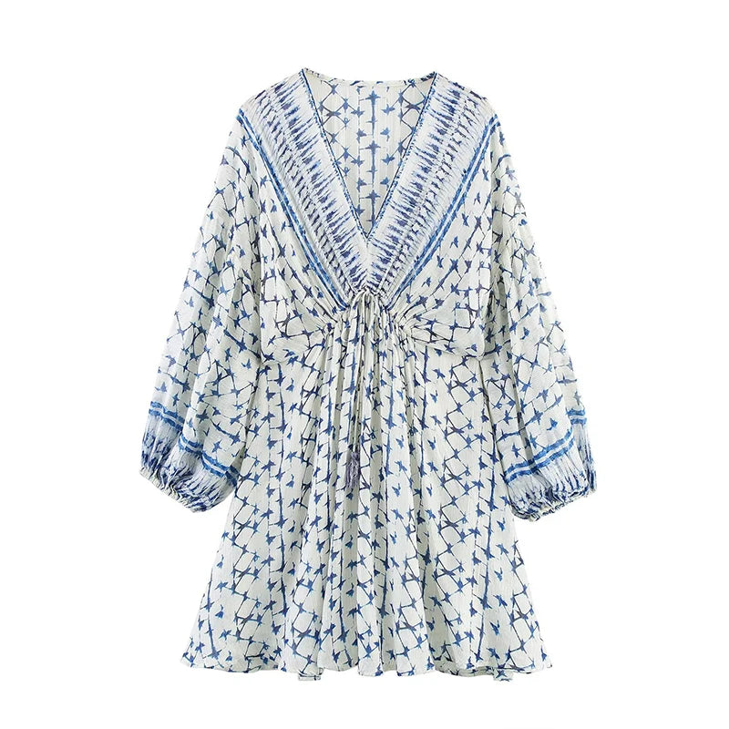 ZATRHMBM Spring and Autumn Women's Wear 2025 New Fashion Gold Line Printed Dress Retro V-neck Casual Women's Mini Dress