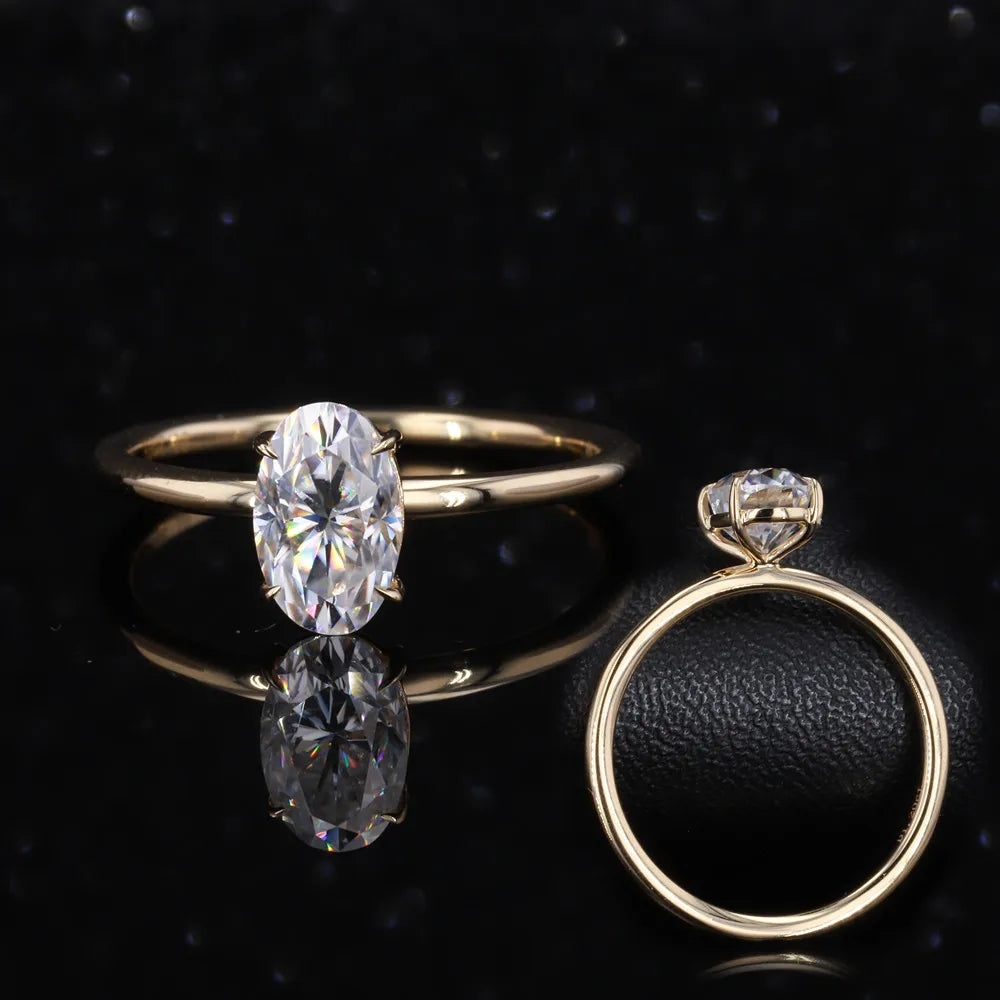 Starsgem 18K Yellow Gold Ring 1ct Oval Moissanite Tinny Band Solitary Engagement Ring