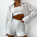 Enyami Summer Women White Casual Two Piece Elegant Hollow Out Long Sleeve Shirt Shorts Set High Waist Casual Co-Ord Suit