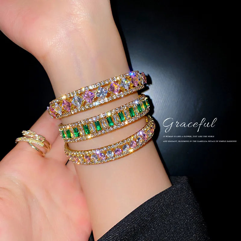Women's New Colorful Full Diamond Wide Edge Hollow Square Cuff Bracelet Bling Bracelet Fashion Accessory