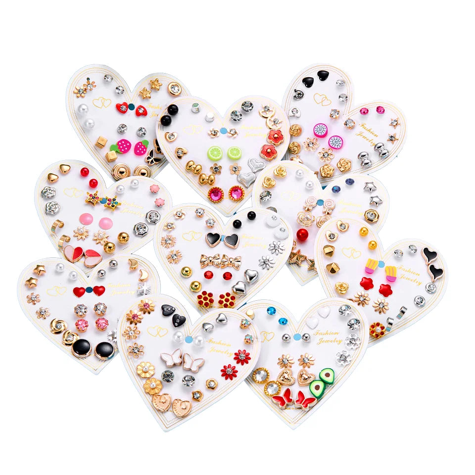 Rinhoo 12 Pairs Tiny Stud Earrings Set Rhinestone Pearl Star Flower Avocado Kiwi Fruit Heart Earring Women Girl Cute Ear Jewelry