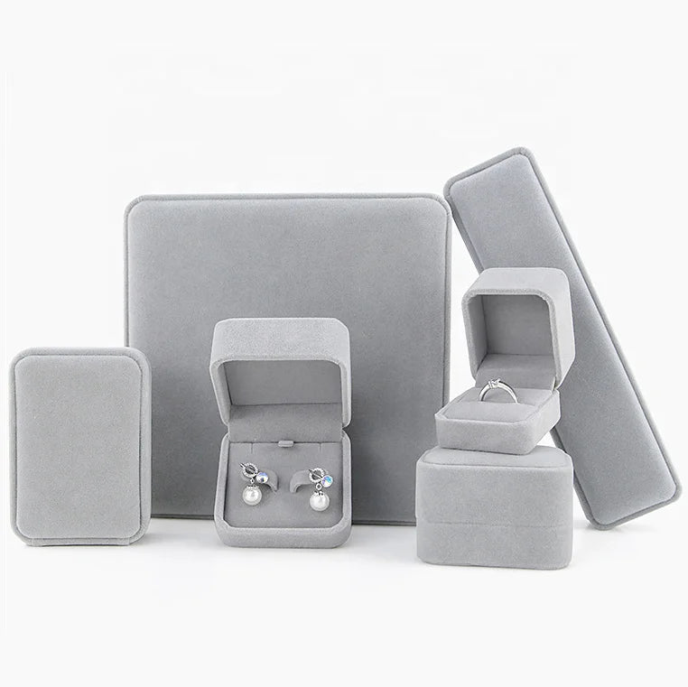 Custom Logo Ring Necklace Pendant Packaging Luxury Gray Velvet Jewelry Gift Box
