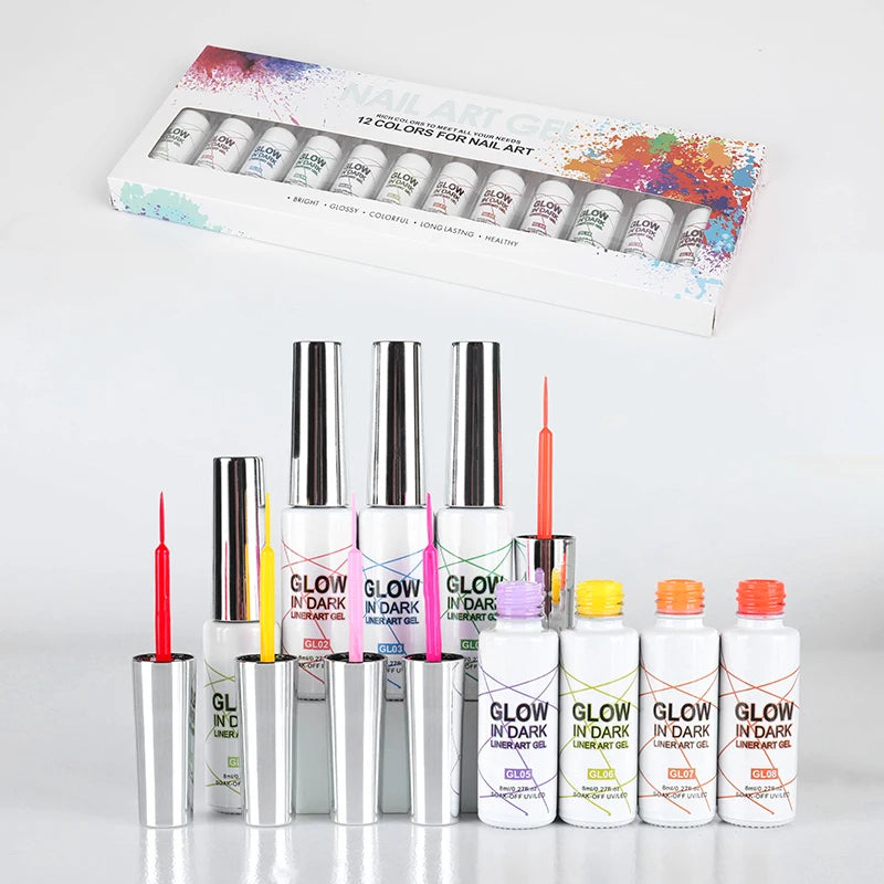 12 Colors Painting Gel Nails Set Glow in Dark Gel Line Polish Kit 3D Drawing Nail Art Gel Set