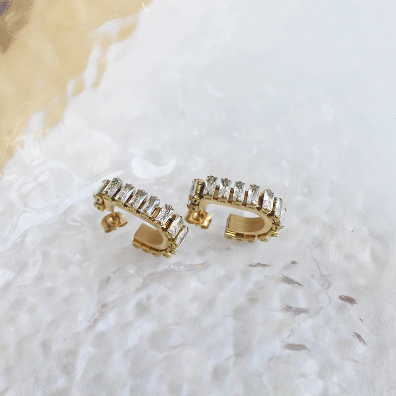 Trendy  14K Gold Plated Stainless Steel Women Gold Baguette Cubic Zircon Hoop Earrings