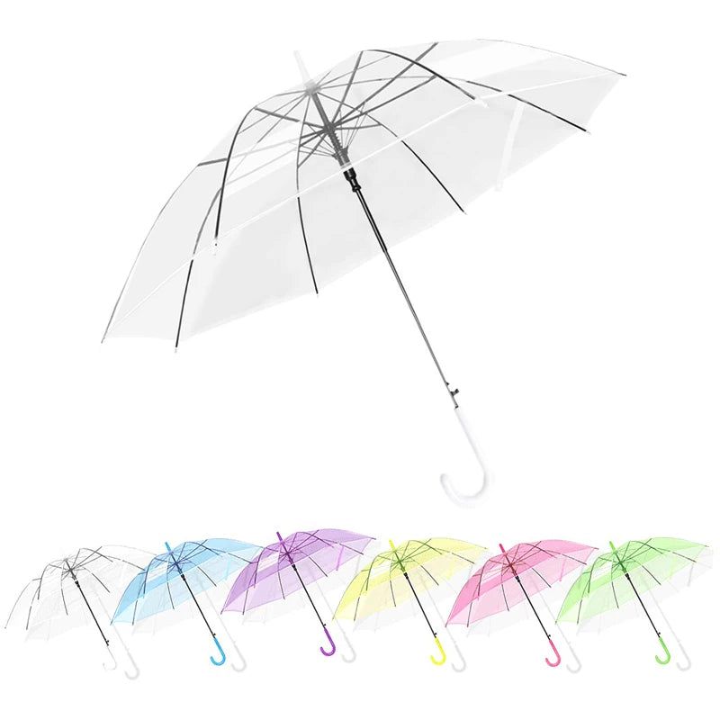Wholesale Portable Colorful Transparent Umbrella Custom Auto Straight J Handle Parasol Clear Umbrella With Logo