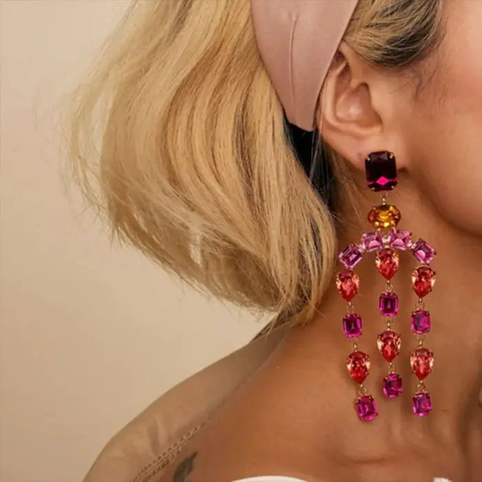 Trendy Exaggerated Design Fashion Sparkling Crystals Diamond Tassel Hoop Earrings