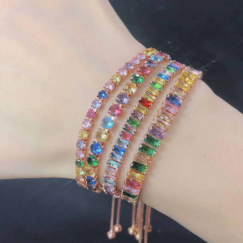 SC Wholesale Vintage Rose Gold Silver Diamond Bracelet Adjustable Copper Bracelet Trendy Full Colorful Zircon Bracelet for Girls