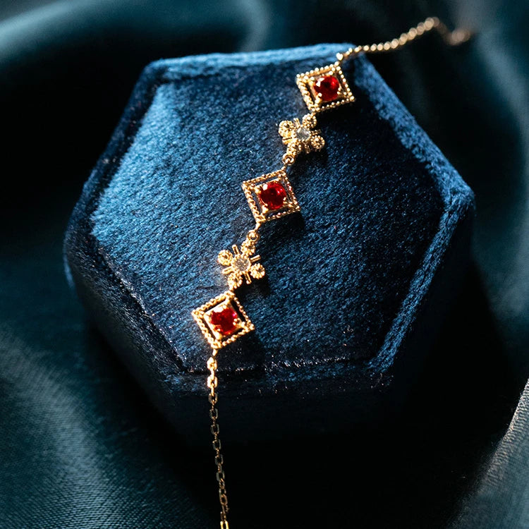 Vintage 925 Sterling Silver 18K Gold Plated Gemstone Red Garnet Cubic Zirconia Bracelet