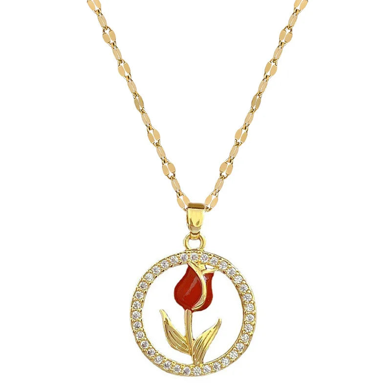 Shiny Titanium Steel 18k Gold Plated Zircon Rose Flower Necklace Choker Chain for Women Wedding Jewelry Gifts