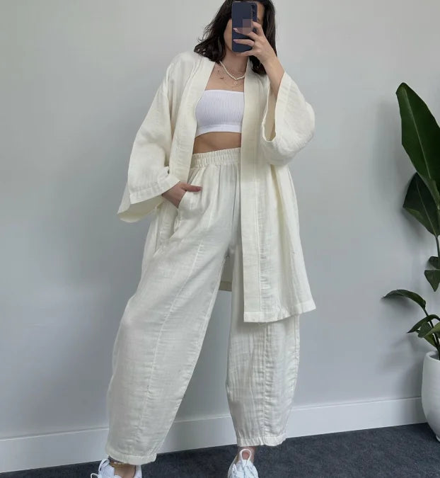 S-3XL Women's Solid Cotton Linen Loose Sleeve Casual Sleepwear Set Can Be Outworn in Home Clothing