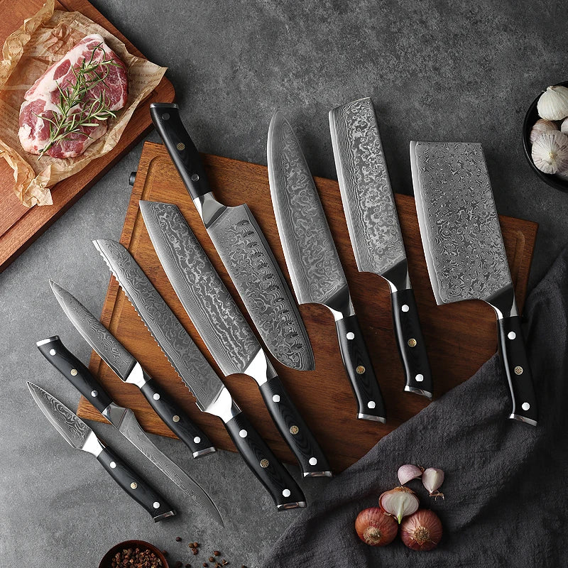 Professional Cooking Tools 9Pcs G10 Handle Damascus Steel Santoku Utility Boning Slicer Knife Kitchen Knife Set