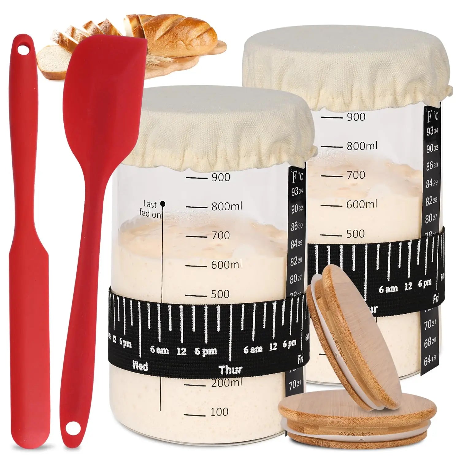 XLT 33Oz Sourdough Bread Starter Jar Kit with Date Marked Feeding BandThermometerSpatulaCloth Cover& Lid for Loaf