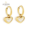 Ason Fashion Jewelry Romantic White Shell Charm Heart Drop Earrings Stainless Steel 18k Gold Plated Hoop Earrings for Women