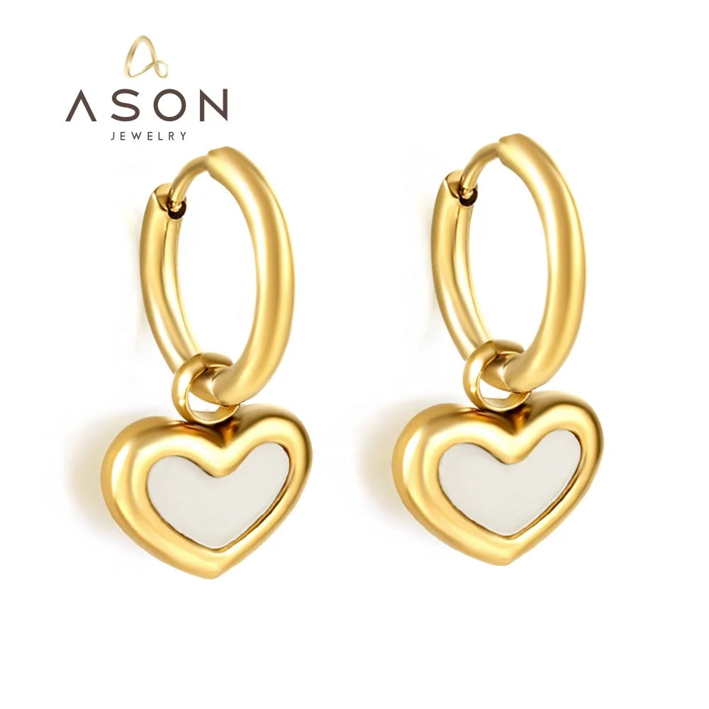 Ason Fashion Jewelry Romantic White Shell Charm Heart Drop Earrings Stainless Steel 18k Gold Plated Hoop Earrings for Women