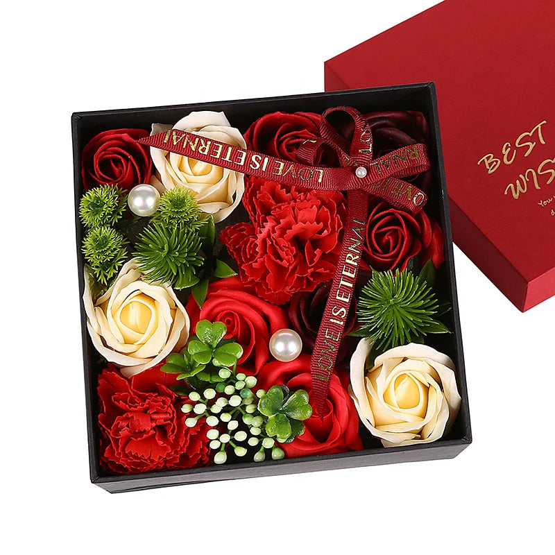 Valentine's Christmas Gift Square Box Red Rose Soap Flower Gift Square Gifts Box Artificial Soap Rose Eterne Flower