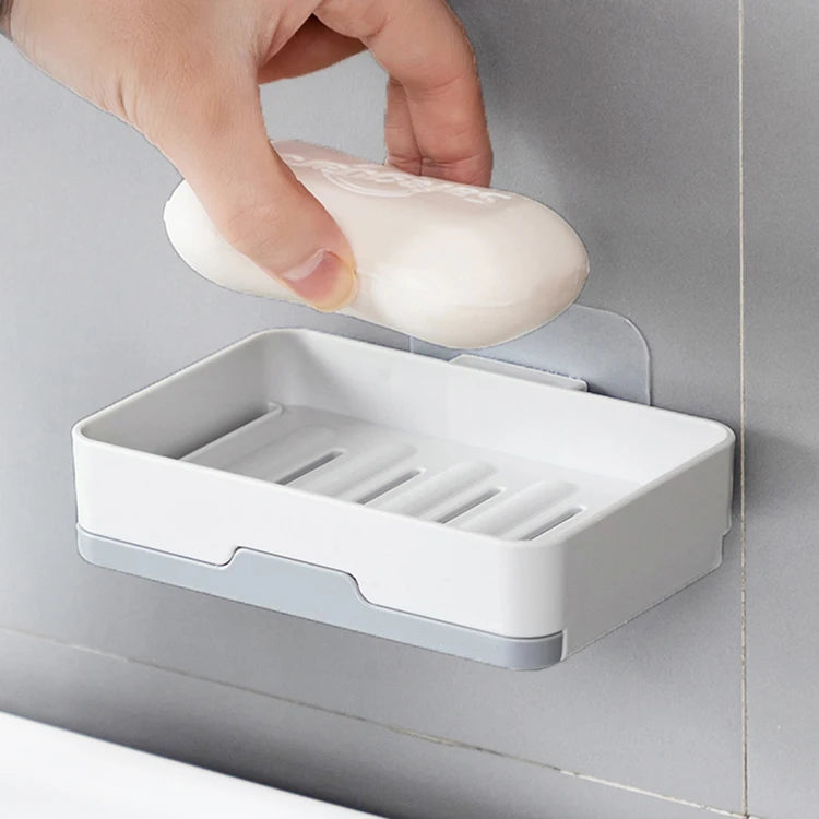 Punch-Free Wall Mounted Plastic Soap Tray Bathroom Sets with Sponge Drain Rack Tray for Soap Holder