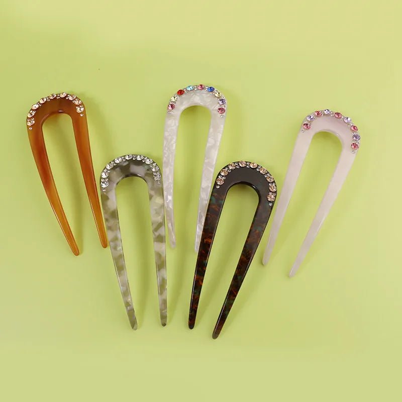 Midairy European and American Headdress Fashion Retro Temperament Acetate U Shaped Hair Stick Hair Pin Fork 13.8cm 4317