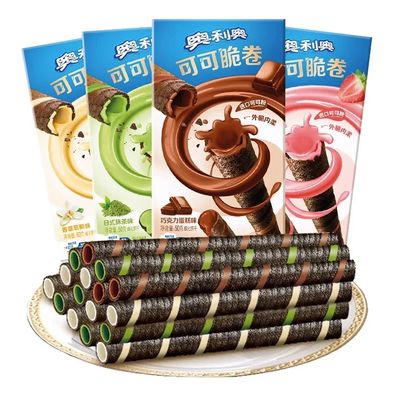 Wholesale 55g Oreo Cookies Strawberry Vanilla Matcha Flavor Crispy Hard Wafer Rolls Box Sweet Chocolate Strawberry Wafer Sticks