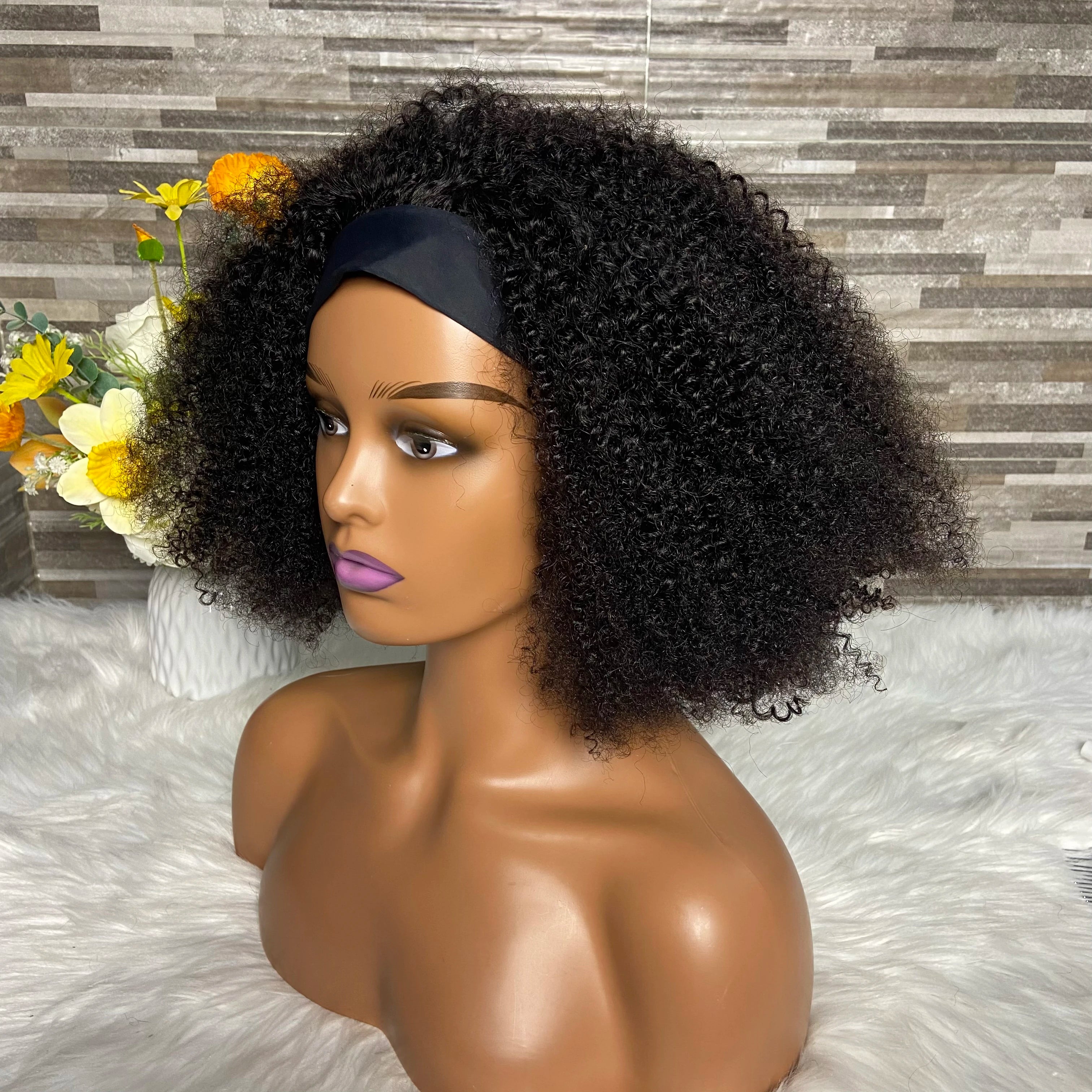 Cheap Kinky Curly Wig Natural Brazilian 180% Density Natural COLORS Machine Made Human Hair Wig Ice Silk Hair Band