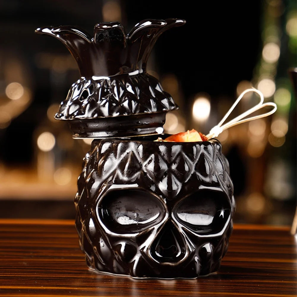 Hawaiian Creative Pineapple Whisky Tiki Cup Black Octopus Shot Glass Party Bar Ceramic Tiki Mug With Lid