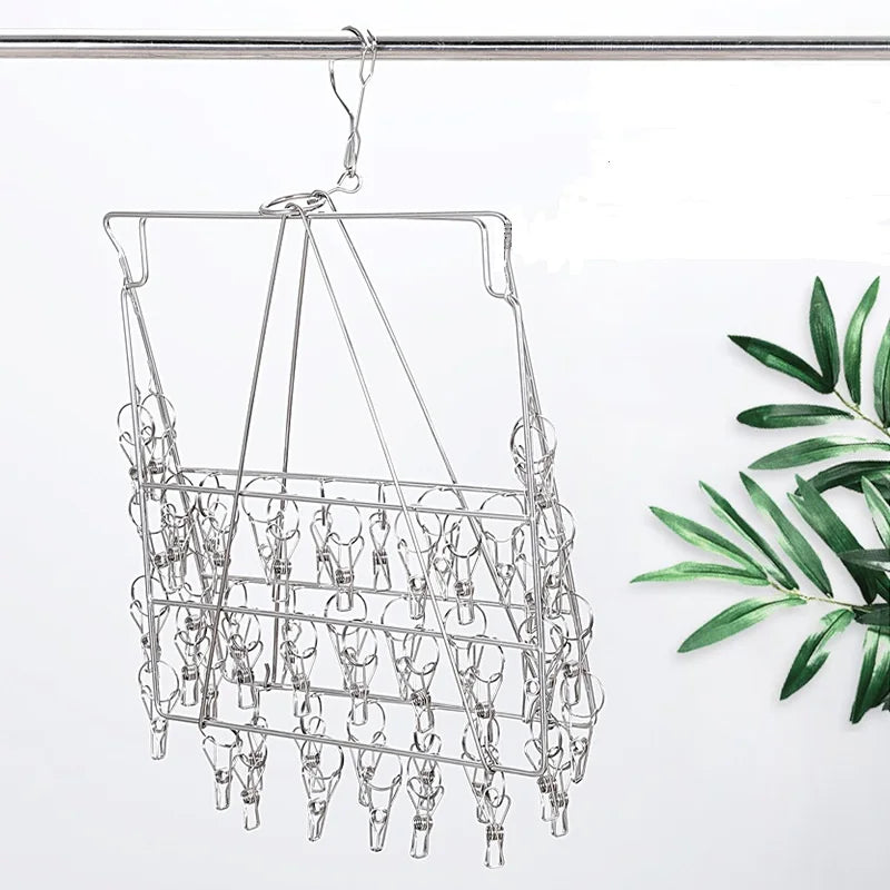 Stainless Steel Laundry Drying Rack with 52 Hooks Folding Hanger and Socks Hangers for Clothes and Towels