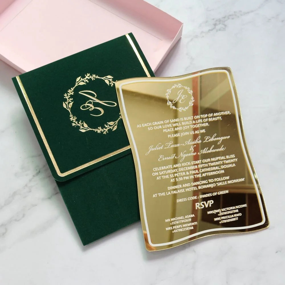 White Foil Stamped Gold Mirror Acrylic Invitations with Velvet Pocket Envelope MegaBDM