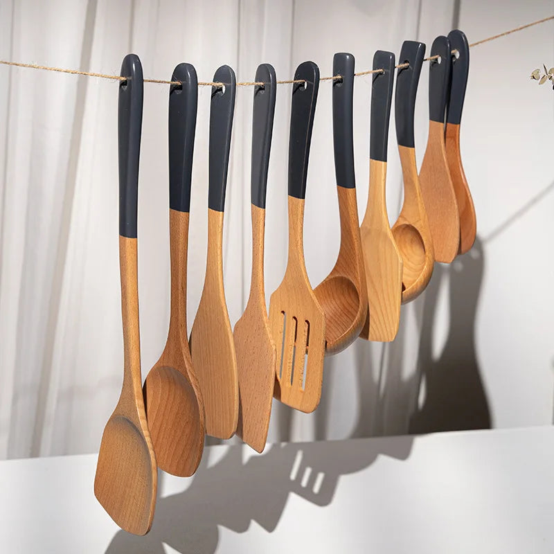 Wholesale Beech Wood Kitchen Utensil Set Long Handle Non-Stick Cooking Spatula Soup Rice Spoon with Household Pot Accessories
