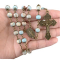 Natural Agate Agalmatolite 8 mm Beads with Antique Bronze Plated Jesus Nazarenus Cross Catholic Rosary for Prayer