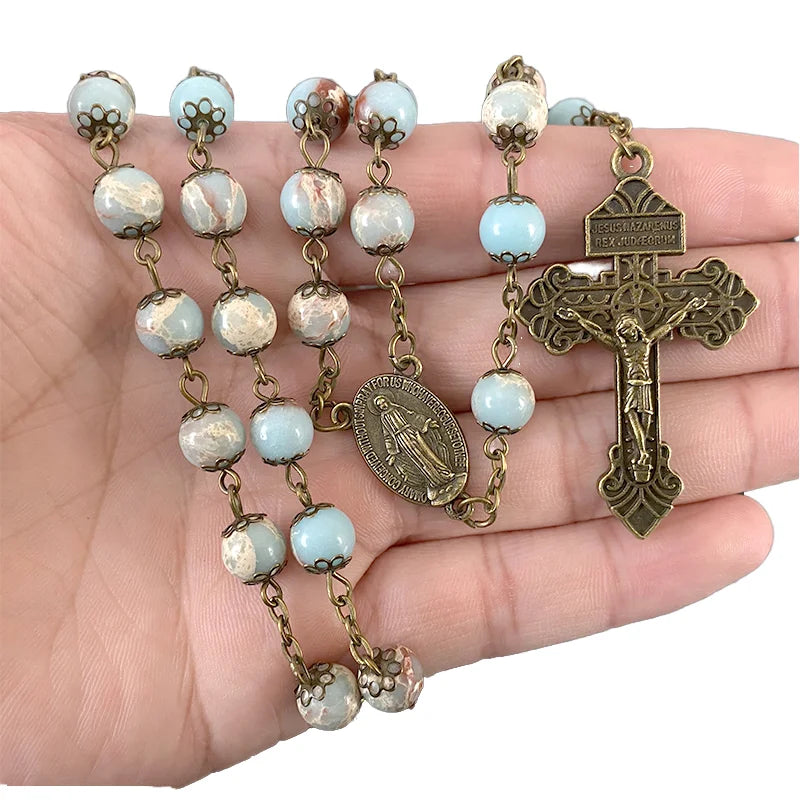 Natural Agate Agalmatolite 8 mm Beads with Antique Bronze Plated Jesus Nazarenus Cross Catholic Rosary for Prayer