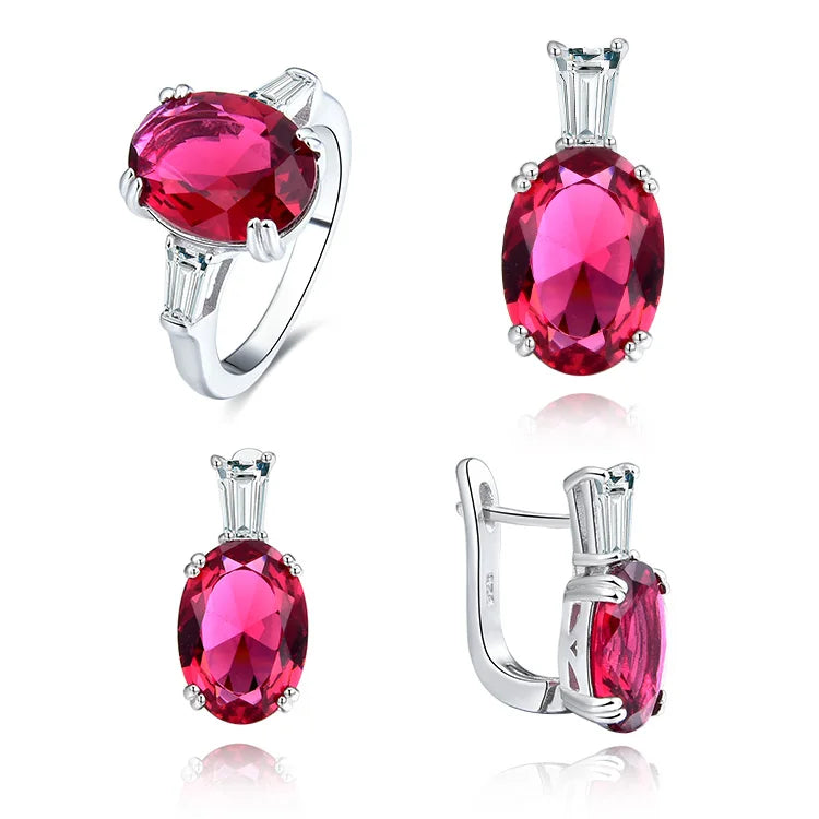 Simple Style 925 Sterling Silver Jewelry Sets Aaa Crystal Rhodium Plating Oval Ruby Fashion Jewelry Set
