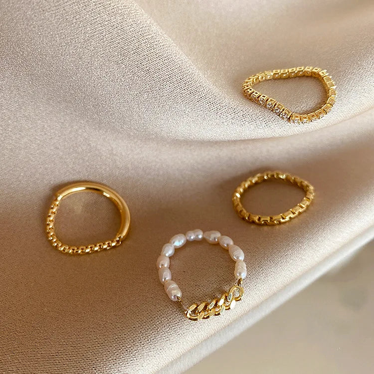 Minimalist Real 18K Gold Plated Cubic Zircon Freshwater Pearl Finger Rings Fashion Jewelry Tennis Chain Index Finger Ring