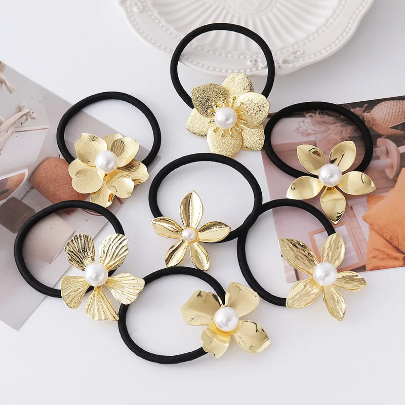 Wholesale Simple Rubber Band Bow Metal Hair Band Exquisite Flowers Jewelry Elastic Hair Tie for Women