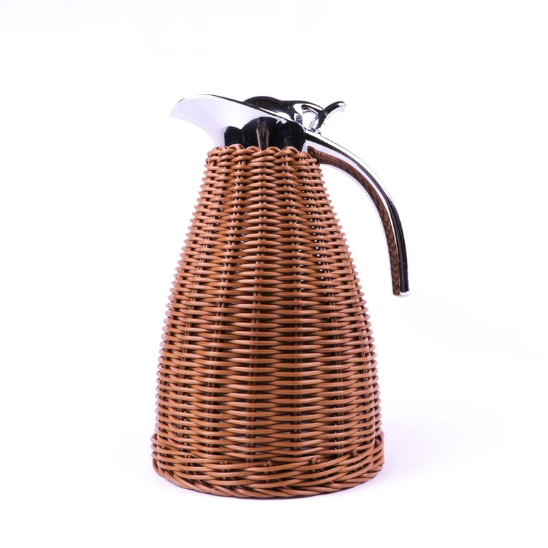 Rattan Bamboo Woven Thermo Kettle Stainless Steel Vacuum Insulated Coffee Flask