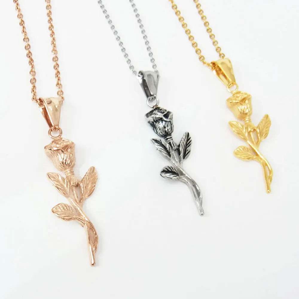 Gift Set Valentines Day Necklace Stainless Steel Rose Flower Charm Pendant Necklace for Women