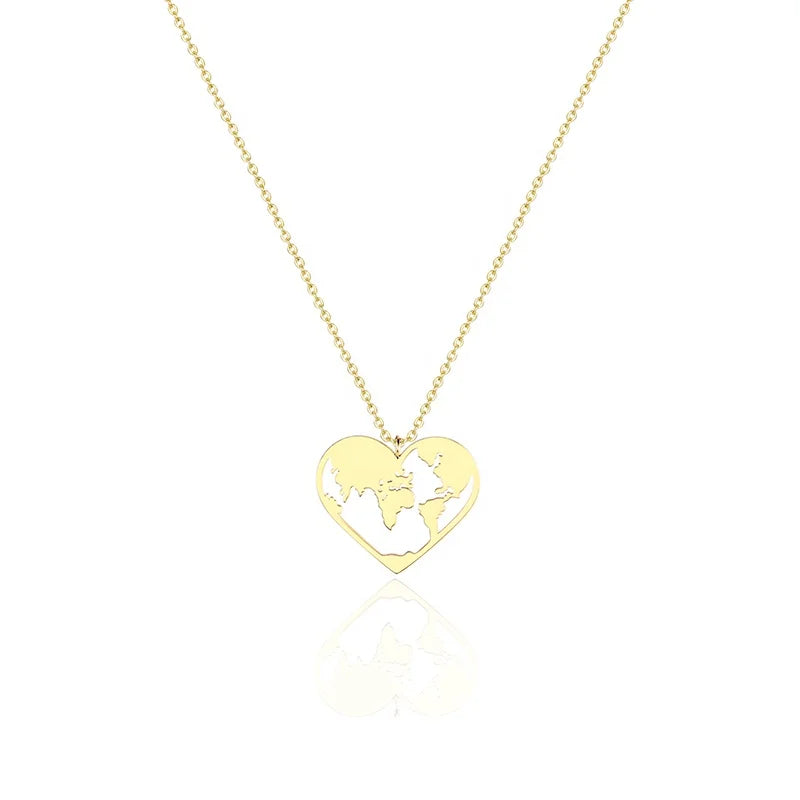 Custom Pendants for Necklace World Map Hollow Heart Charm Necklace 18k Gold Stainless Steel Gold Plated Necklace Jewelry