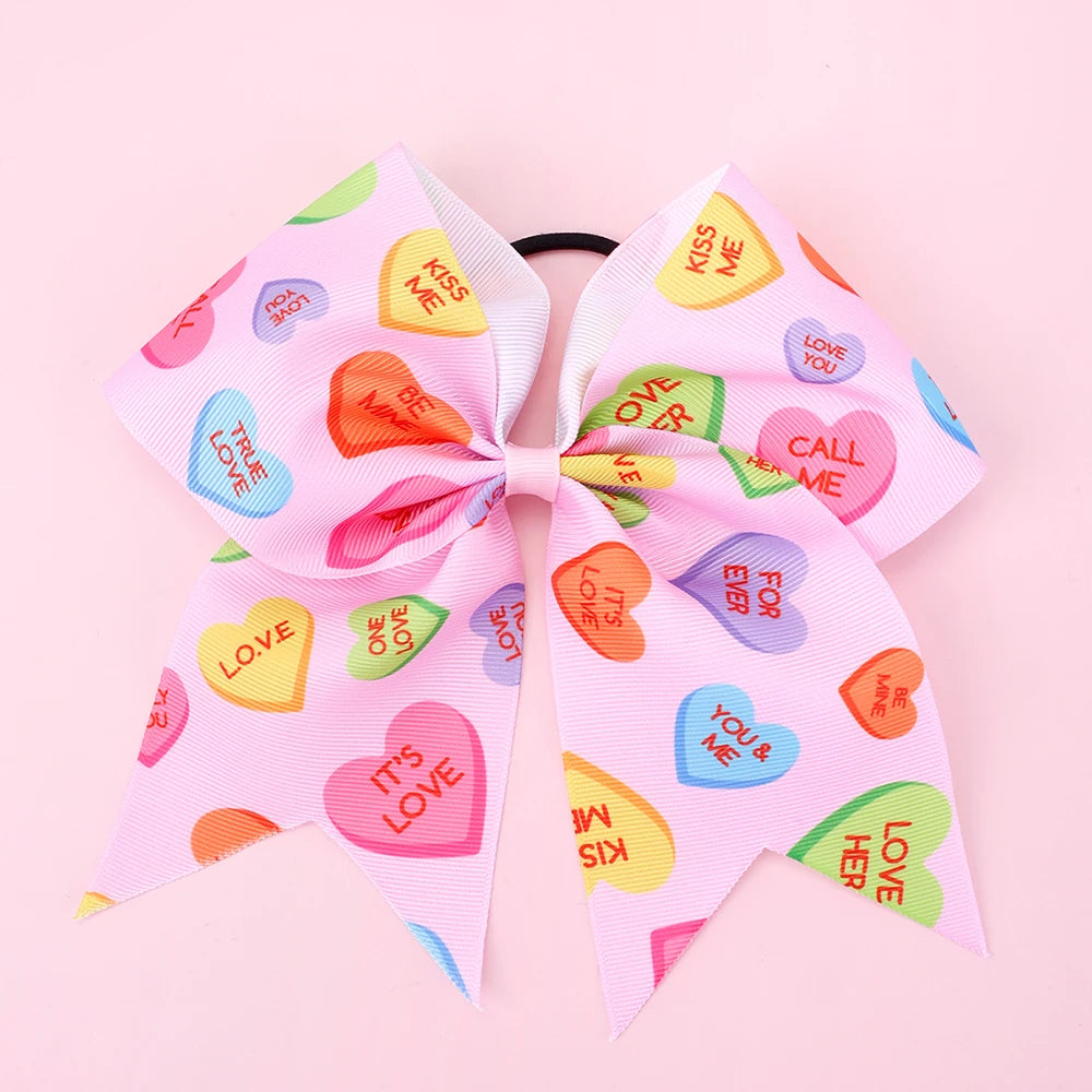 7 Inch Design Heart Hair Bow With Elastic Ponytail Holder Girls Cheerleader Valentines Day Cheer Bows