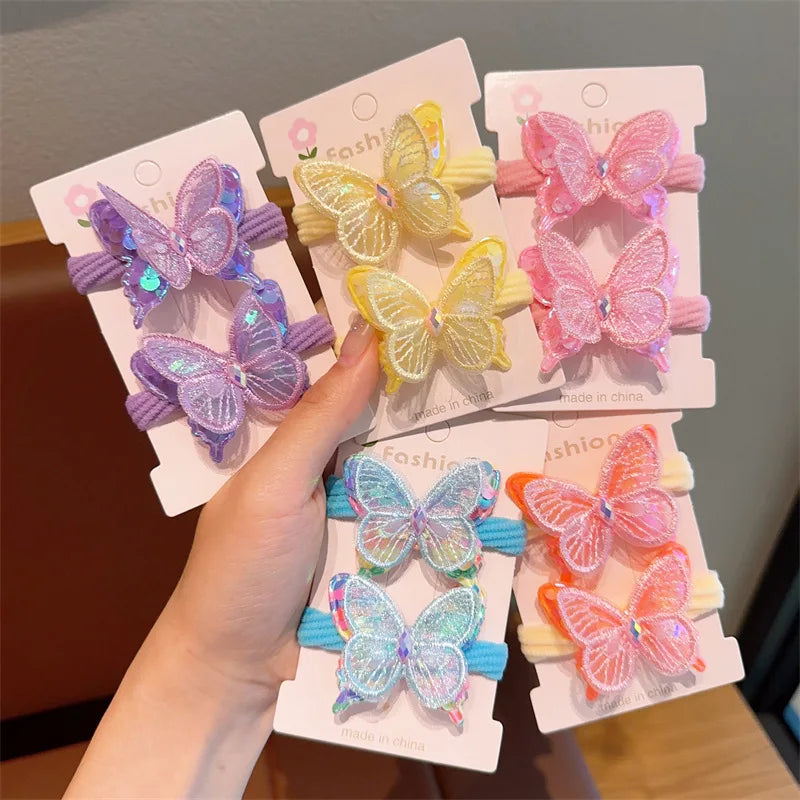 2pcs/card Sweet Candy Cute Hair Elastics for Children Kids Girls Butterfly Hair Ties Polyester