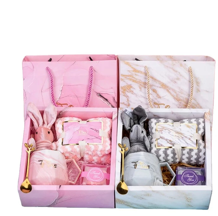 luxury promotion gift set Hot Selling Cute Special Graduation Gift Beautiful Unique Cute Mug Spoon Rabbit Towel and Soap Set for Students and Teachers