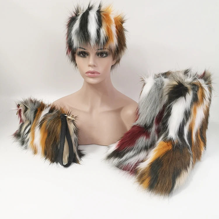 2020 Fashion Winter Customized logo Fake Fur Boot with Colors Hat Handbag Sets for Woman