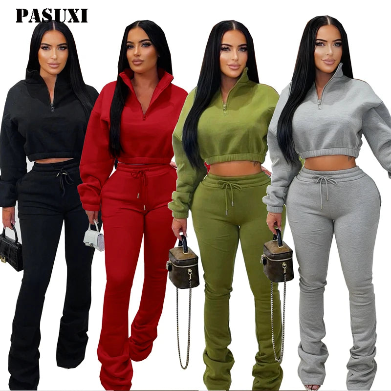 PASUXI Solid Sport Women 2 Piece Set Outfit Casual Zip Long Sleeves Crop Top and High Waist Leggings Pants