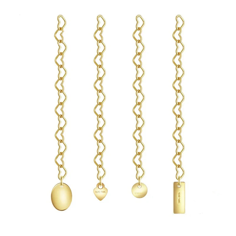 Gold Filled 3/5cm Heart Cable Extender Chain With 1/20 14K Stamped Geometric Tail Tags 2.8mm Link Chain Extensions for Necklace