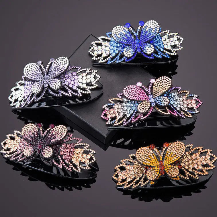 Japan Korean Style Large Hairpin Crystal Flower Duck Beak Clip Female Pan Updo Hair Ornaments Colorful Butterfly Hair Clip